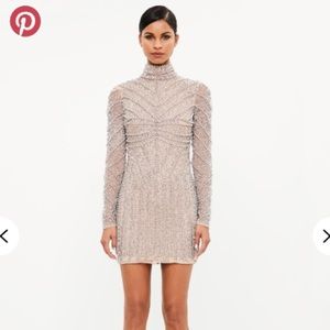 peace+love high neck long sleeve beaded mini dress